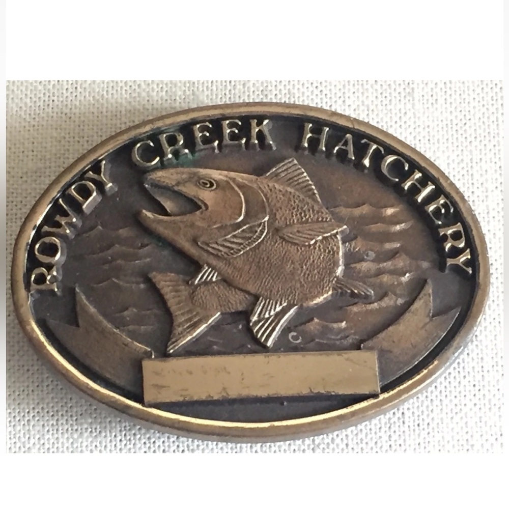 Vintage SOLID BRONZE Rowdy Creek Fish Hatchery Belt Buckle